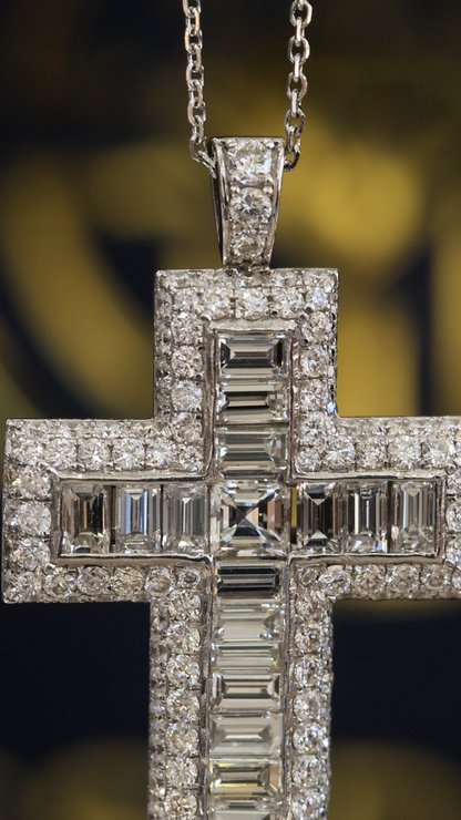 Natural Diamond Baguette & Round Cross Pendant Necklace in 14K White Gold | G–H / VS–SI