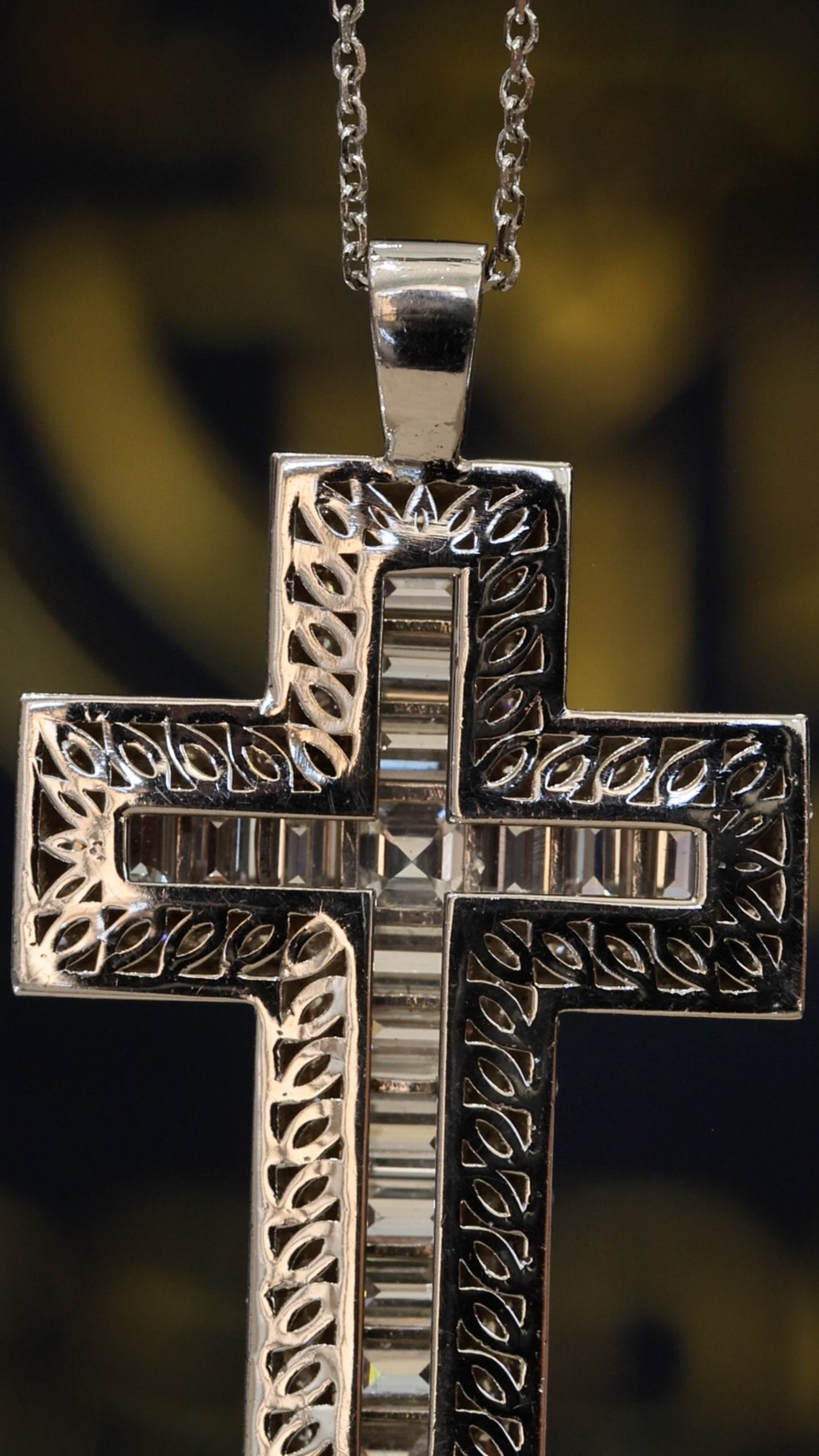 Natural Diamond Baguette & Round Cross Pendant Necklace in 14K White Gold | G–H / VS–SI