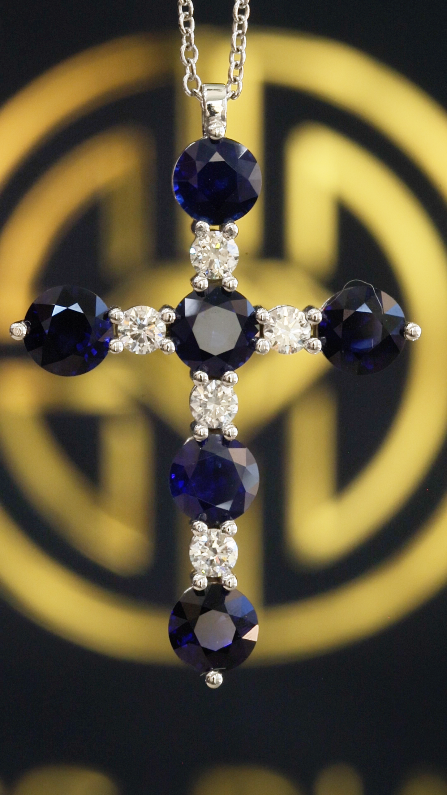 Natural Sapphire & Diamond Cross Pendant Necklace in 14K White Gold | Round Blue Sapphire & Diamond Accent