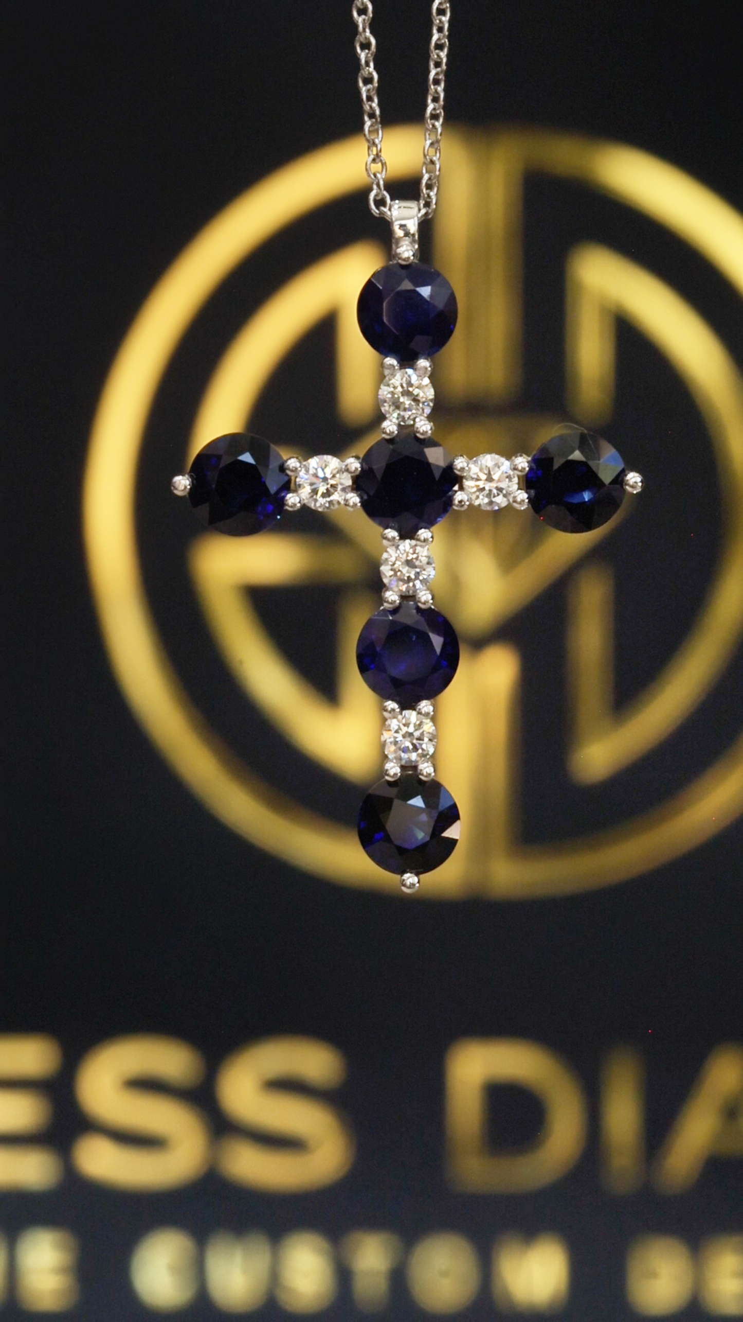 Natural Sapphire & Diamond Cross Pendant Necklace in 14K White Gold | Round Blue Sapphire & Diamond Accent