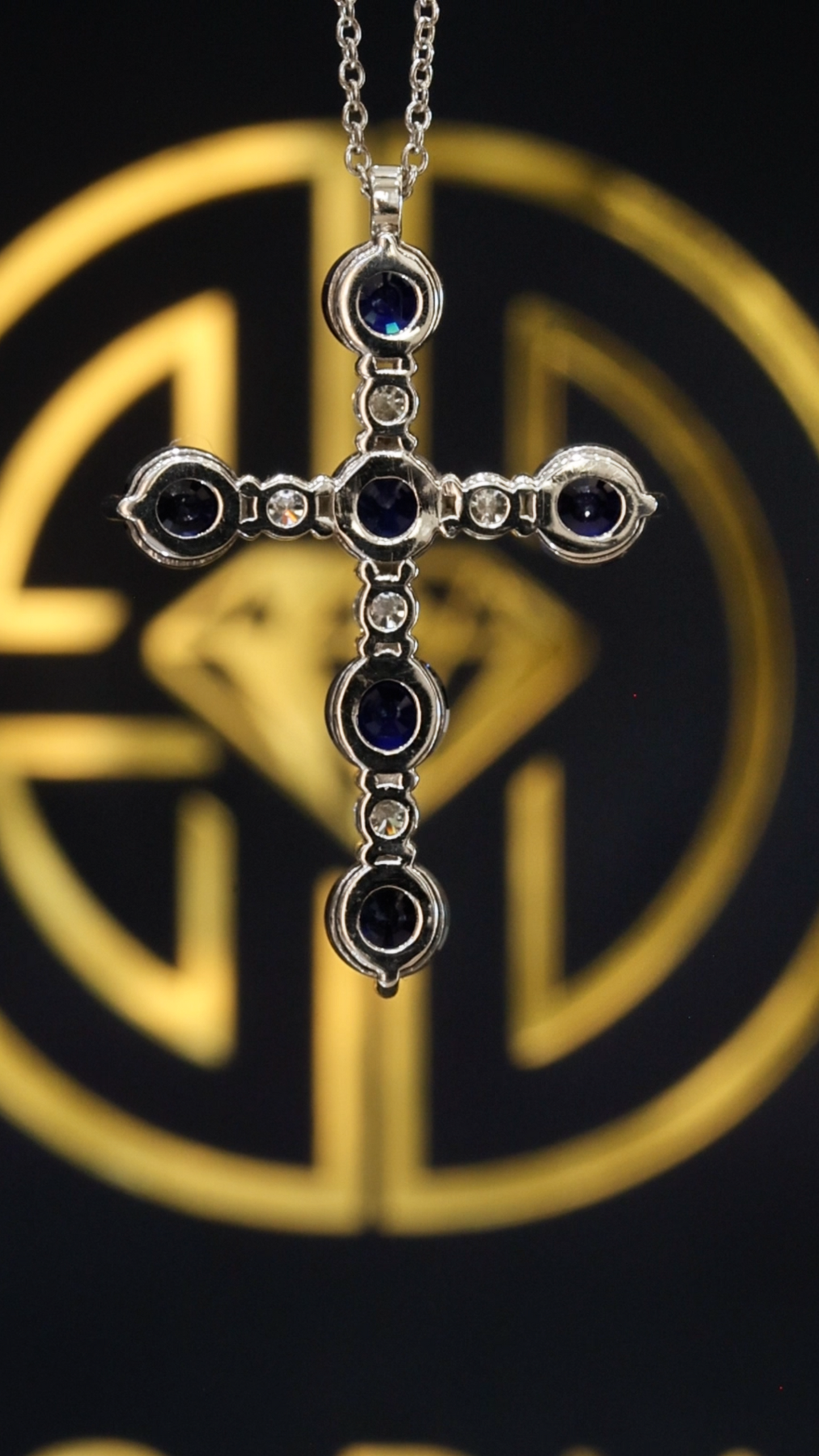 Natural Sapphire & Diamond Cross Pendant Necklace in 14K White Gold | Round Blue Sapphire & Diamond Accent