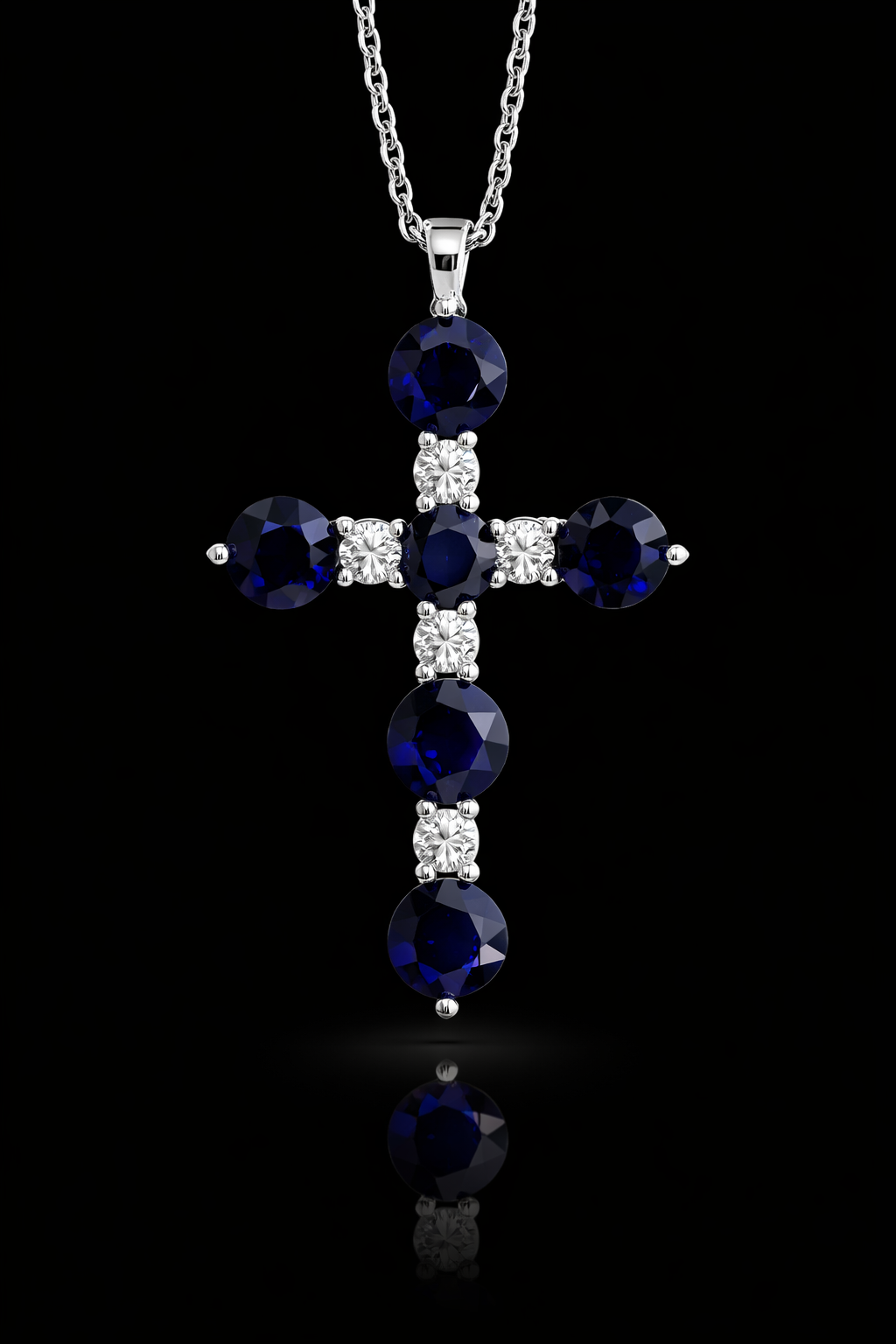 Natural Sapphire & Diamond Cross Pendant Necklace in 14K White Gold | Round Blue Sapphire & Diamond Accent