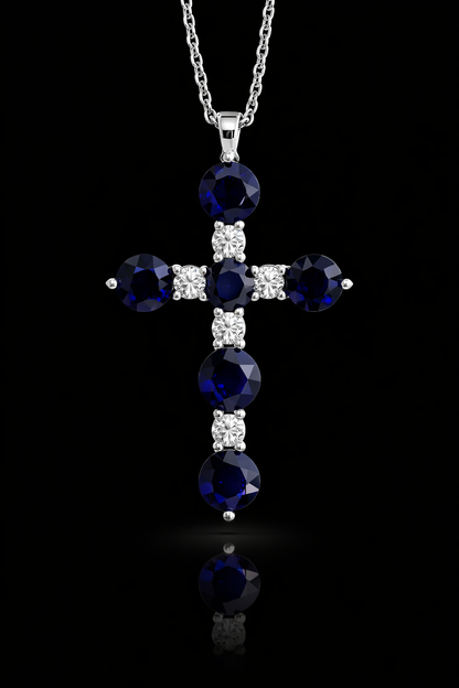 Natural Sapphire & Diamond Cross Pendant Necklace in 14K White Gold | Round Blue Sapphire & Diamond Accent