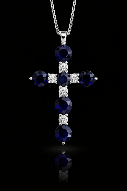 Natural Sapphire & Diamond Cross Pendant Necklace in 14K White Gold | Round Blue Sapphire & Diamond Accent