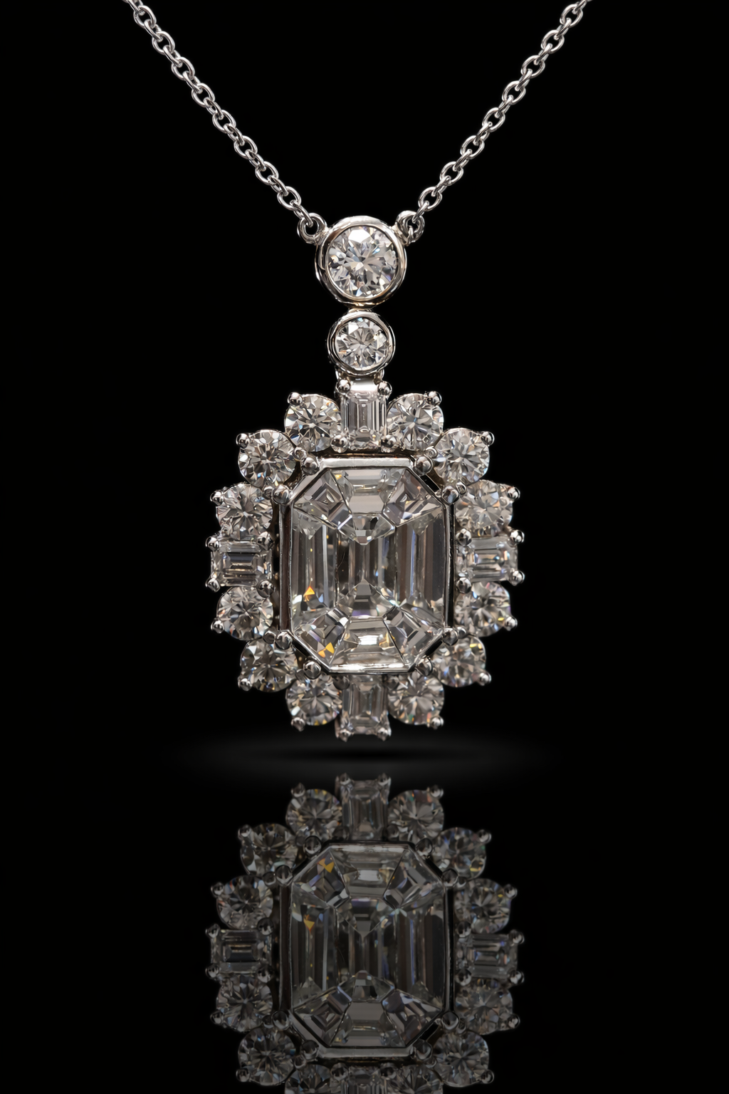 Natural Diamond Emerald-Cut Halo Pendant Necklace in White Gold | Timeless Statement Design