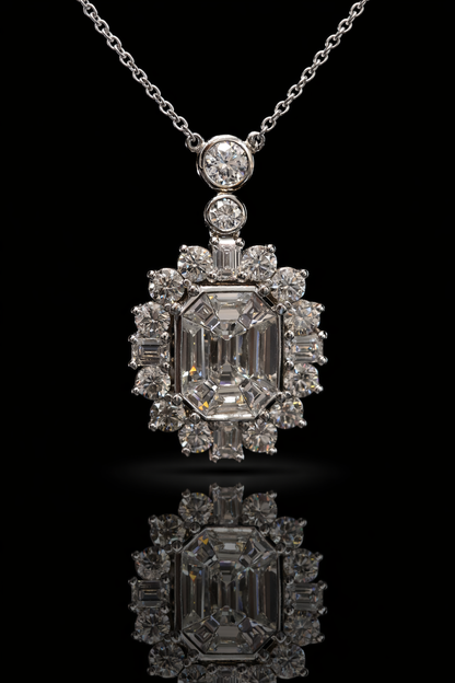 Natural Diamond Emerald-Cut Halo Pendant Necklace in White Gold | Timeless Statement Design