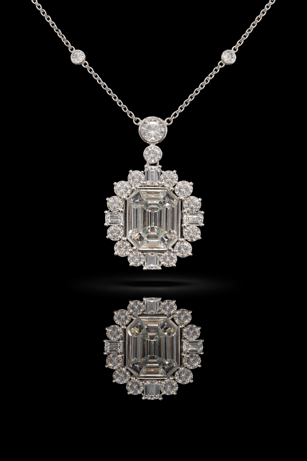 Natural Diamond Emerald-Cut Halo Pendant Necklace in White Gold | Timeless Statement Design