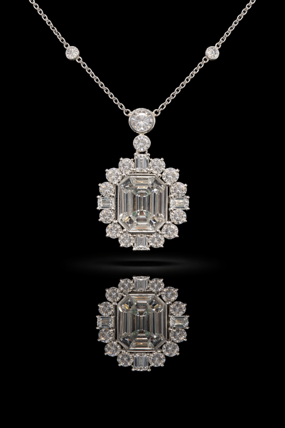 Natural Diamond Emerald-Cut Halo Pendant Necklace in White Gold | Timeless Statement Design