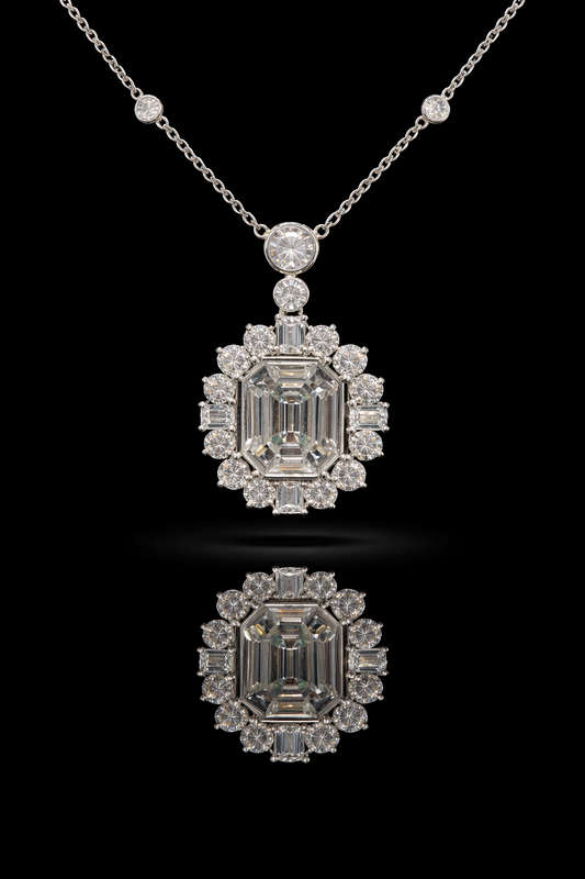 Natural Diamond Emerald-Cut Halo Pendant Necklace in White Gold | Timeless Statement Design