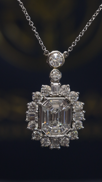 Natural Diamond Emerald-Cut Halo Pendant Necklace in White Gold | Timeless Statement Design