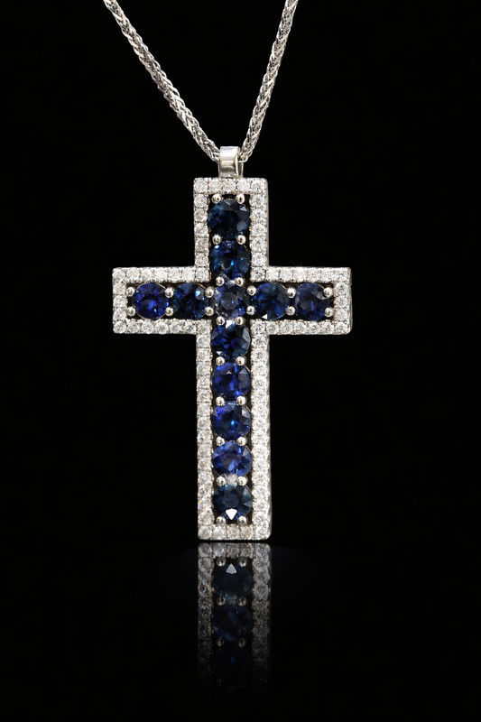 Natural Sapphire & Diamond Halo Cross Necklace in 14K White Gold | Dual Row Frame Design