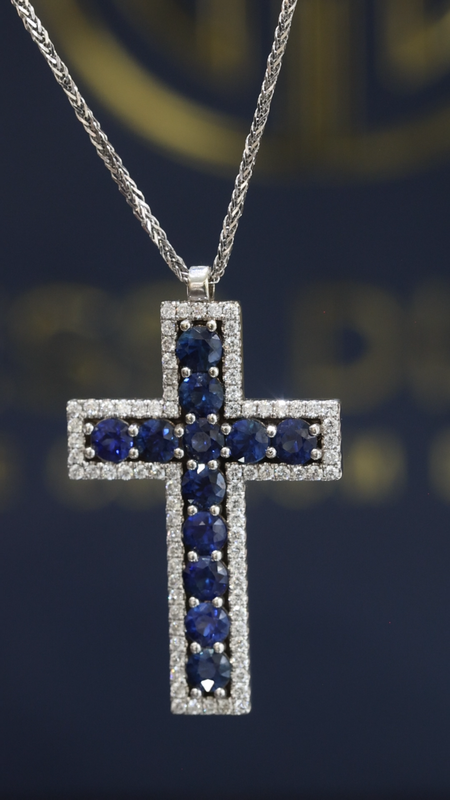 Natural Sapphire & Diamond Halo Cross Necklace in 14K White Gold | Dual Row Frame Design