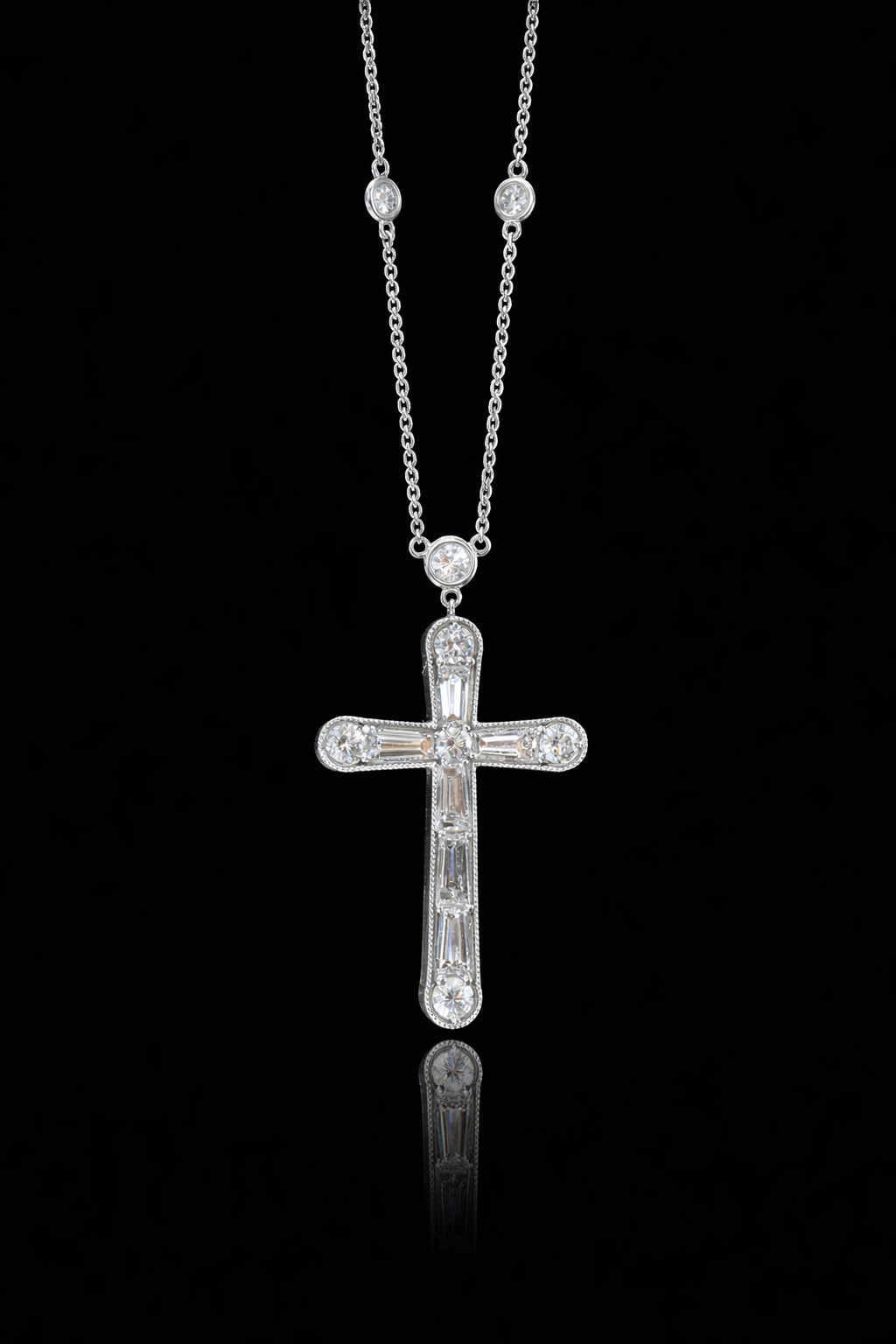 Natural Diamond Cross Pendant Necklace in 14K White Gold | Baguette & Round Brilliant Diamonds