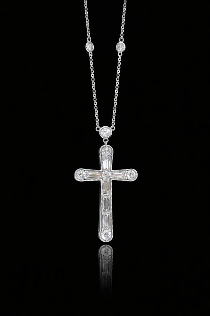Natural Diamond Cross Pendant Necklace in 14K White Gold | Baguette & Round Brilliant Diamonds