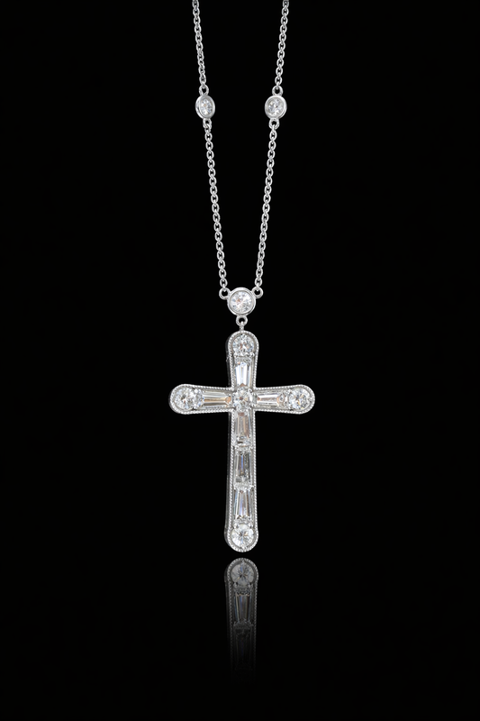 Natural Diamond Cross Pendant Necklace in 14K White Gold | Baguette & Round Brilliant Diamonds
