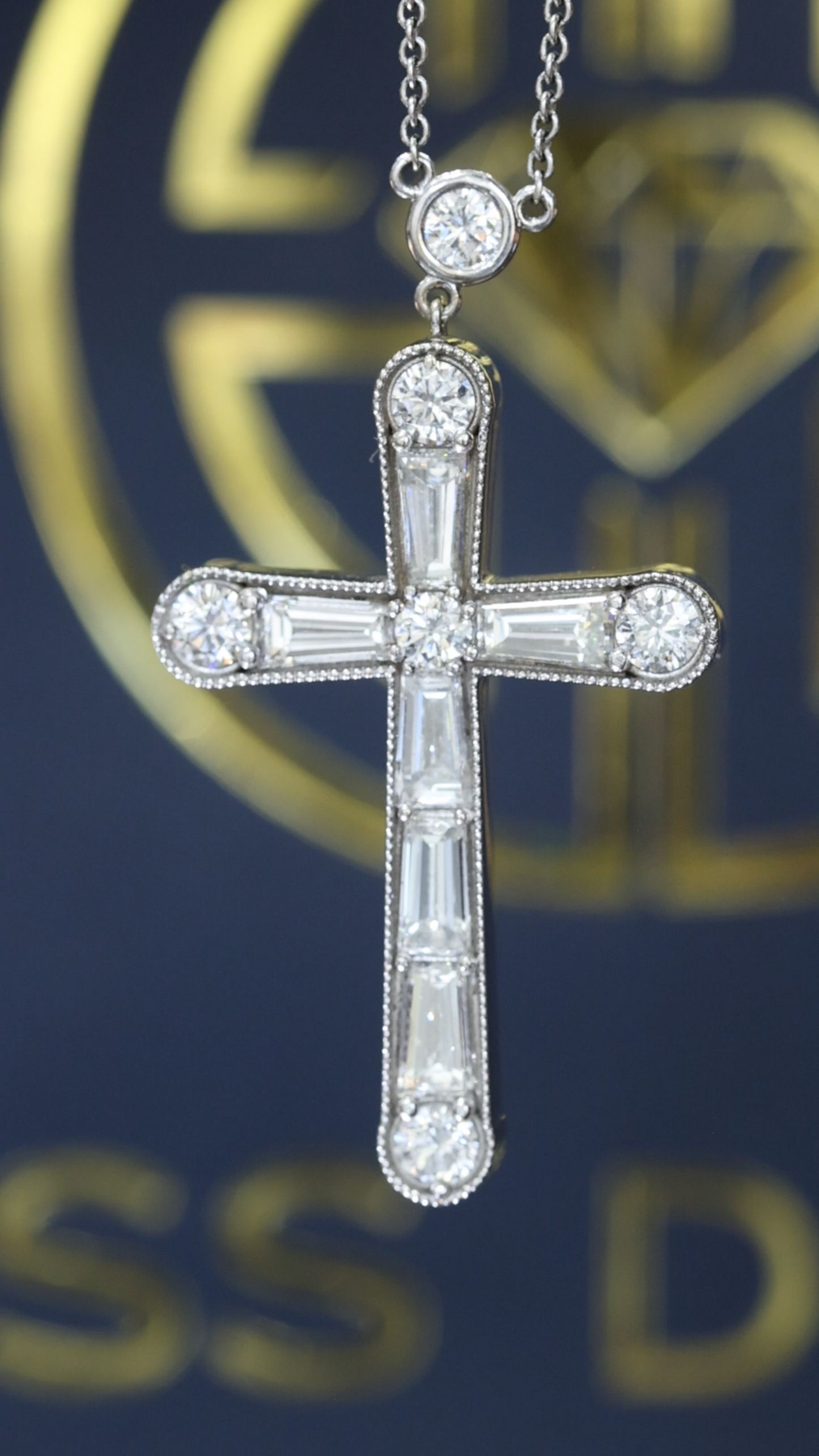 Natural Diamond Cross Pendant Necklace in 14K White Gold | Baguette & Round Brilliant Diamonds