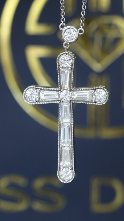 Natural Diamond Cross Pendant Necklace in 14K White Gold | Baguette & Round Brilliant Diamonds