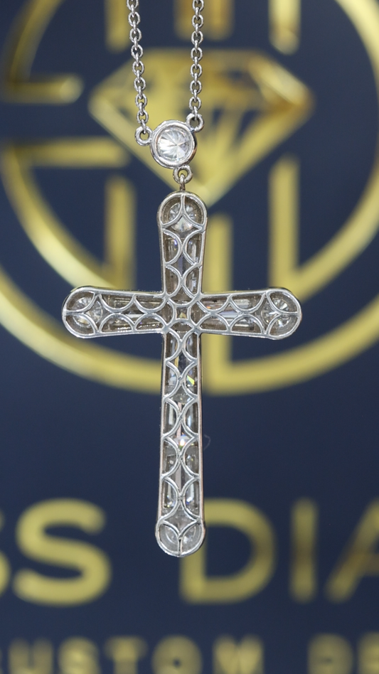Natural Diamond Cross Pendant Necklace in 14K White Gold | Baguette & Round Brilliant Diamonds