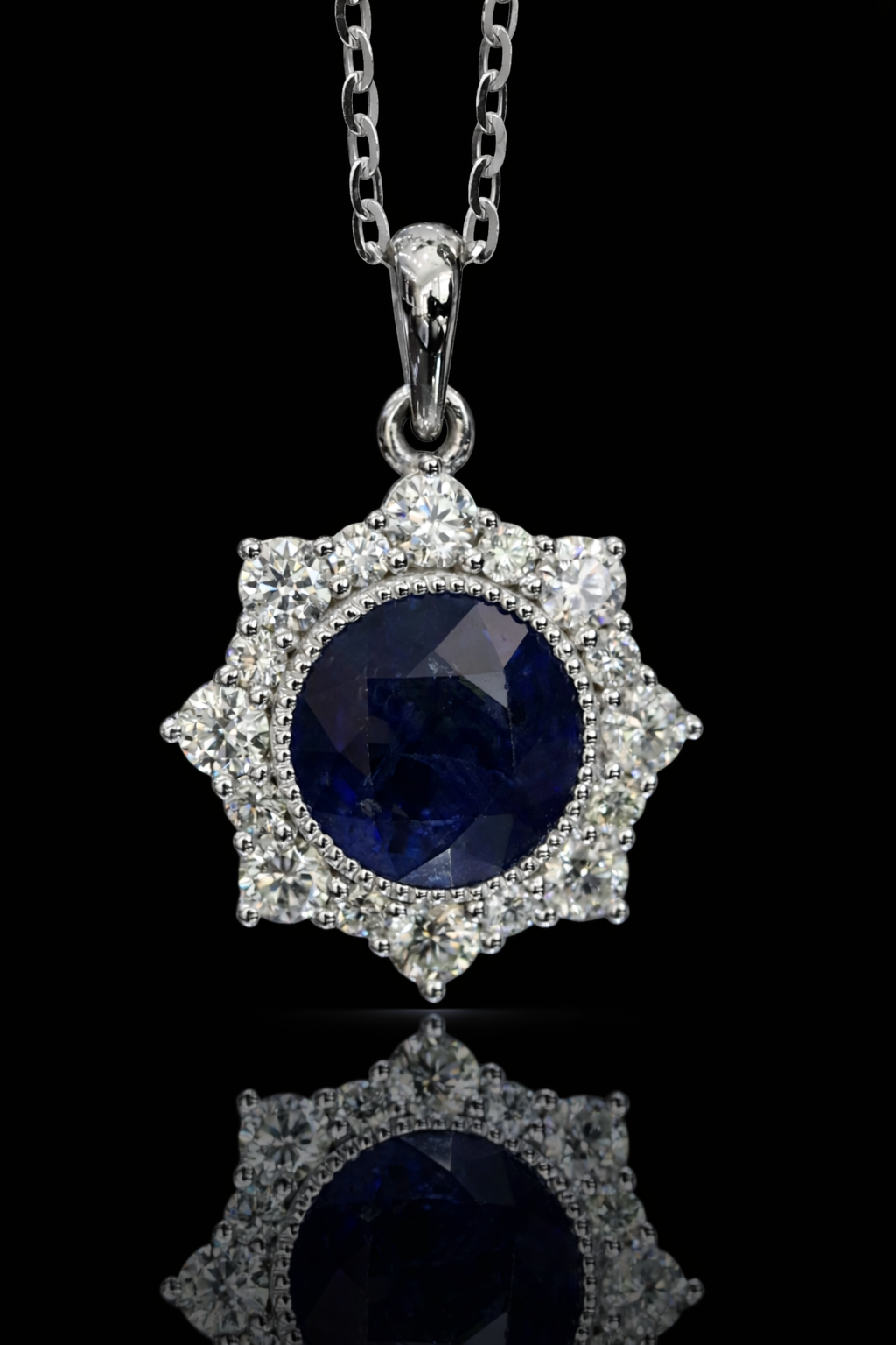 Natural Round Blue Sapphire & Diamond Halo Pendant Necklace in 14K White Gold | Classic Round Brilliant Accent