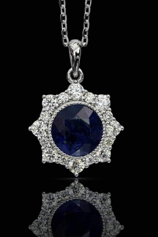 Natural Round Blue Sapphire & Diamond Halo Pendant Necklace in 14K White Gold | Classic Round Brilliant Accent