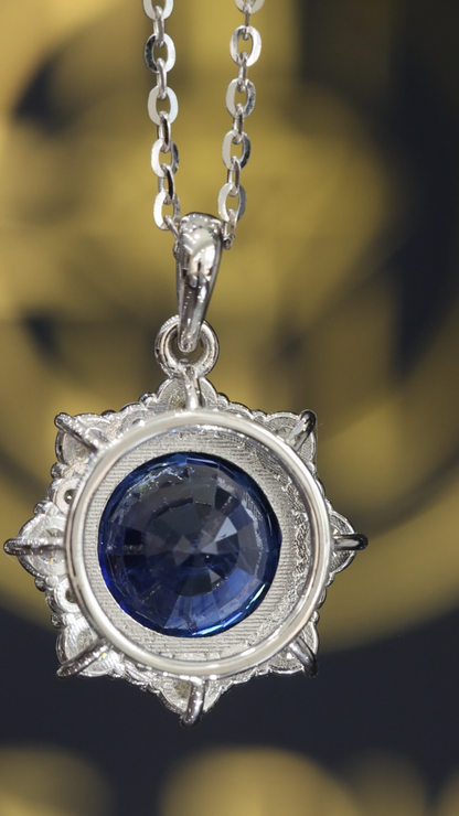 Natural Round Blue Sapphire & Diamond Halo Pendant Necklace in 14K White Gold | Classic Round Brilliant Accent