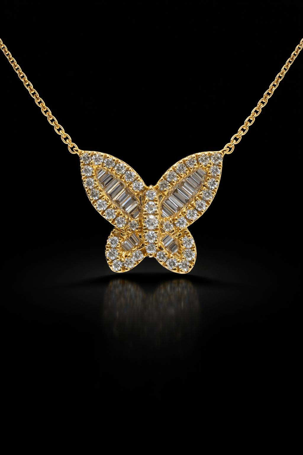 Natural Diamond Butterfly Necklace in Yellow Gold | Baguette & Round Diamond Design