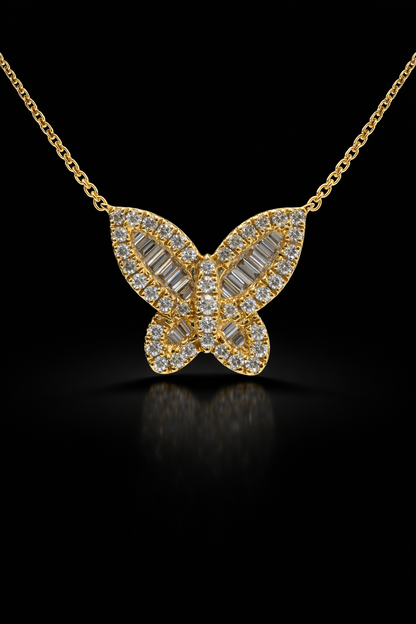 Natural Diamond Butterfly Necklace in Yellow Gold | Baguette & Round Diamond Design