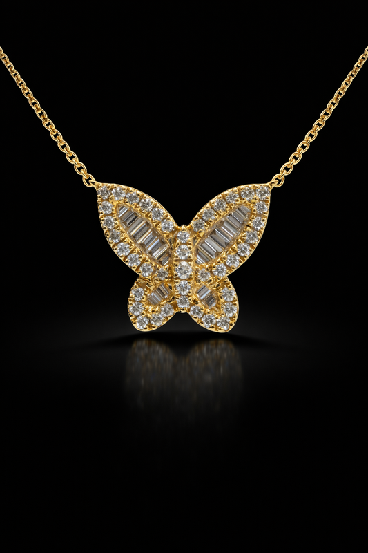 Natural Diamond Butterfly Necklace in Yellow Gold | Baguette & Round Diamond Design