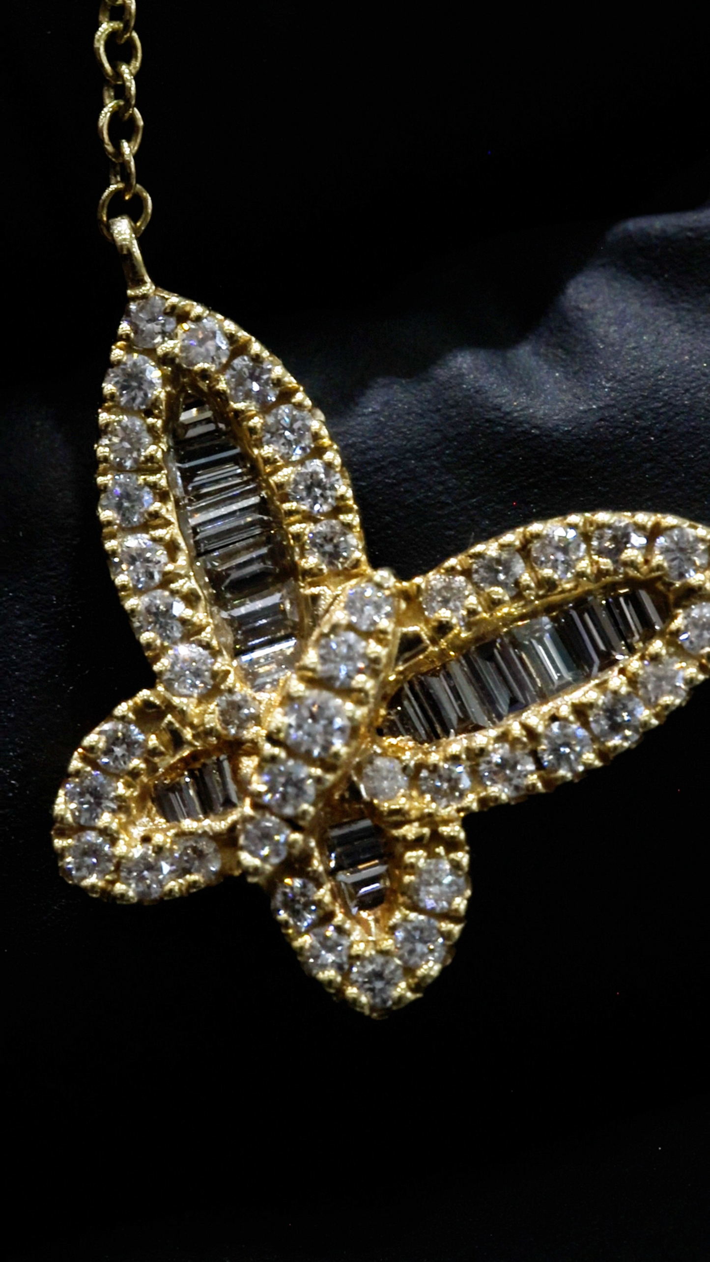 Natural Diamond Butterfly Necklace in Yellow Gold | Baguette & Round Diamond Design
