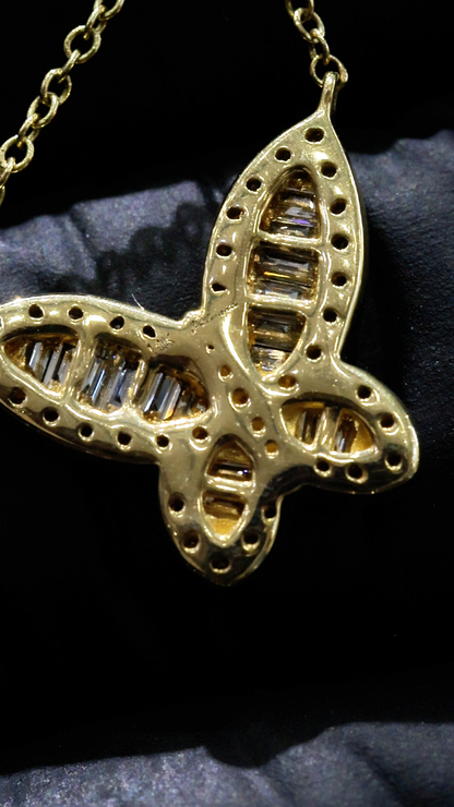 Natural Diamond Butterfly Necklace in Yellow Gold | Baguette & Round Diamond Design