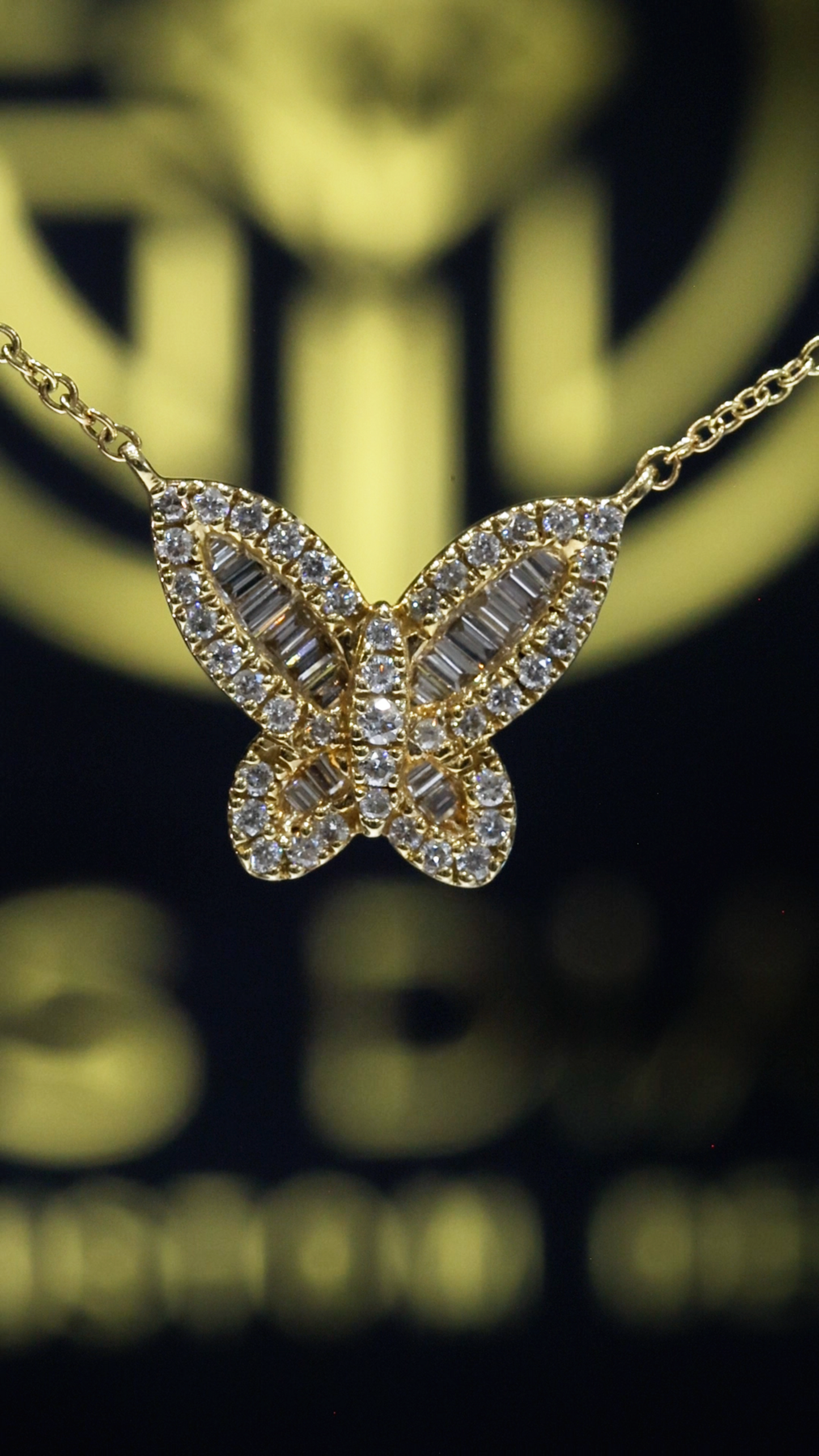 Natural Diamond Butterfly Necklace in Yellow Gold | Baguette & Round Diamond Design