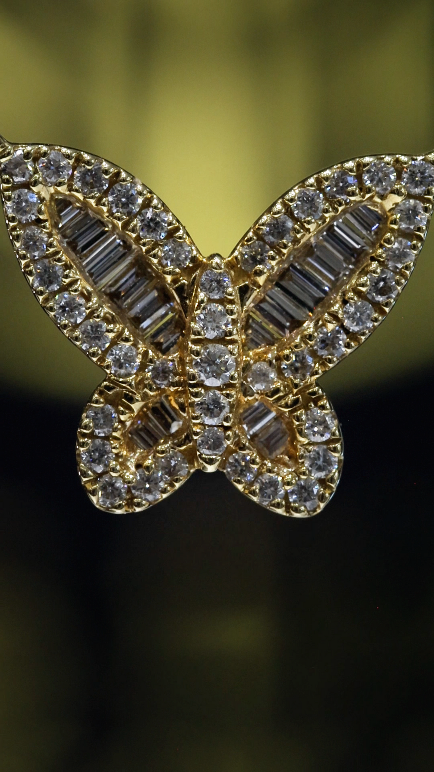 Natural Diamond Butterfly Necklace in Yellow Gold | Baguette & Round Diamond Design