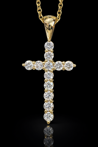 Natural Diamond Cross Pendant Necklace in 14K Yellow Gold | Round Brilliant Prong-Set Design