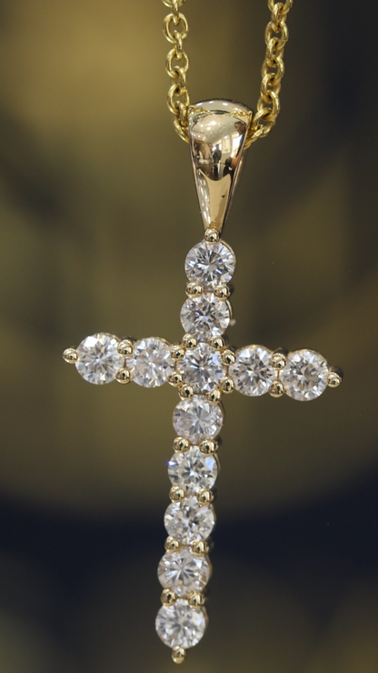 Natural Diamond Cross Pendant Necklace in 14K Yellow Gold | Round Brilliant Prong-Set Design
