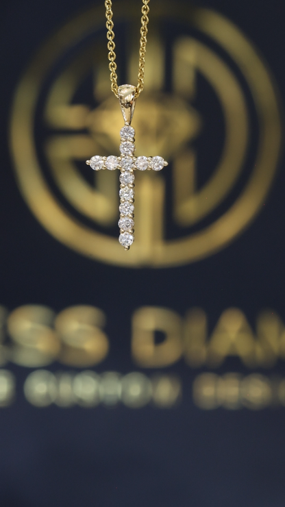 Natural Diamond Cross Pendant Necklace in 14K Yellow Gold | Round Brilliant Prong-Set Design