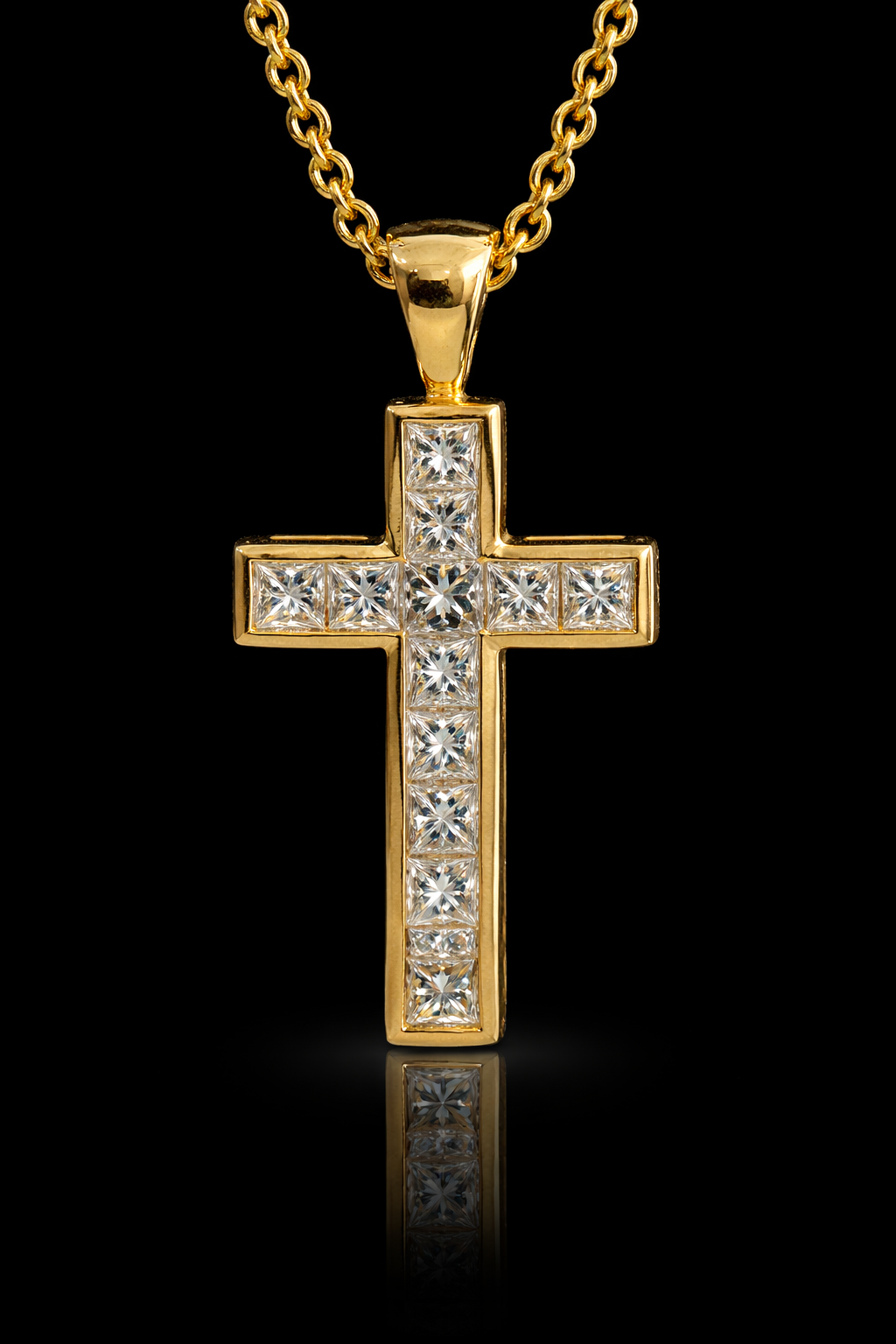 Natural Princess Cut Diamond Cross Necklace in 14K Yellow Gold | Channel Set Design