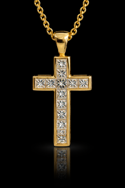 Natural Princess Cut Diamond Cross Necklace in 14K Yellow Gold | Channel Set Design