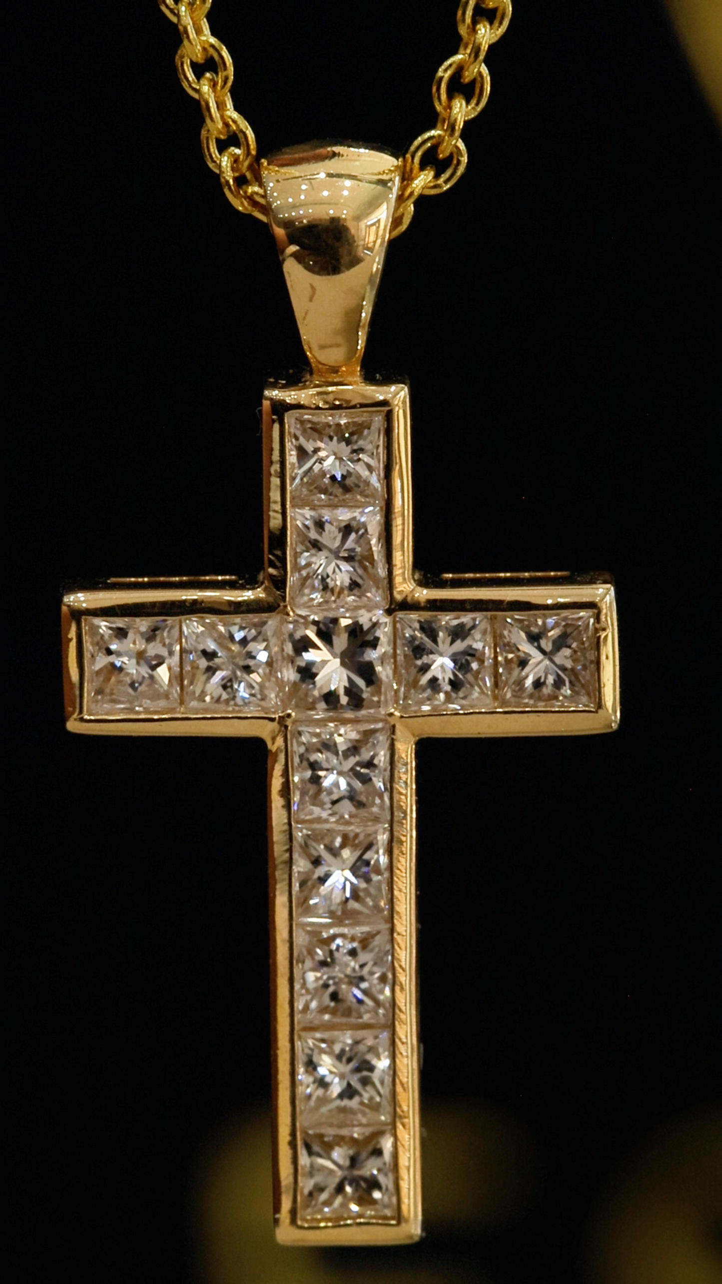 Natural Princess Cut Diamond Cross Necklace in 14K Yellow Gold | Channel Set Design