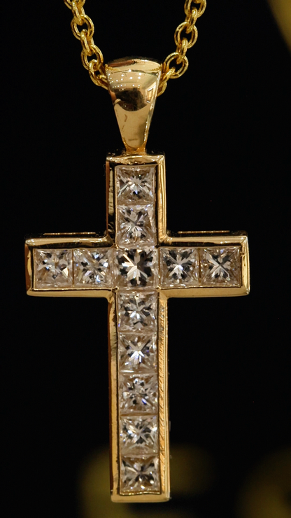Natural Princess Cut Diamond Cross Necklace in 14K Yellow Gold | Channel Set Design