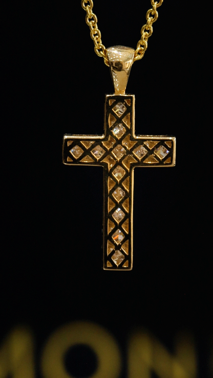Natural Princess Cut Diamond Cross Necklace in 14K Yellow Gold | Channel Set Design