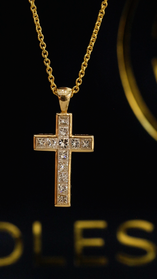 Natural Princess Cut Diamond Cross Necklace in 14K Yellow Gold | Channel Set Design