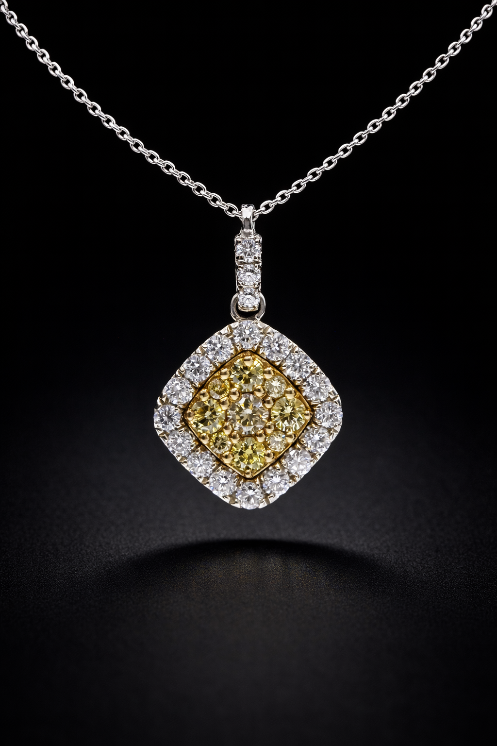 Natural Light Yellow Diamond Cushion Halo Necklace in White Gold | Vintage Floral Design