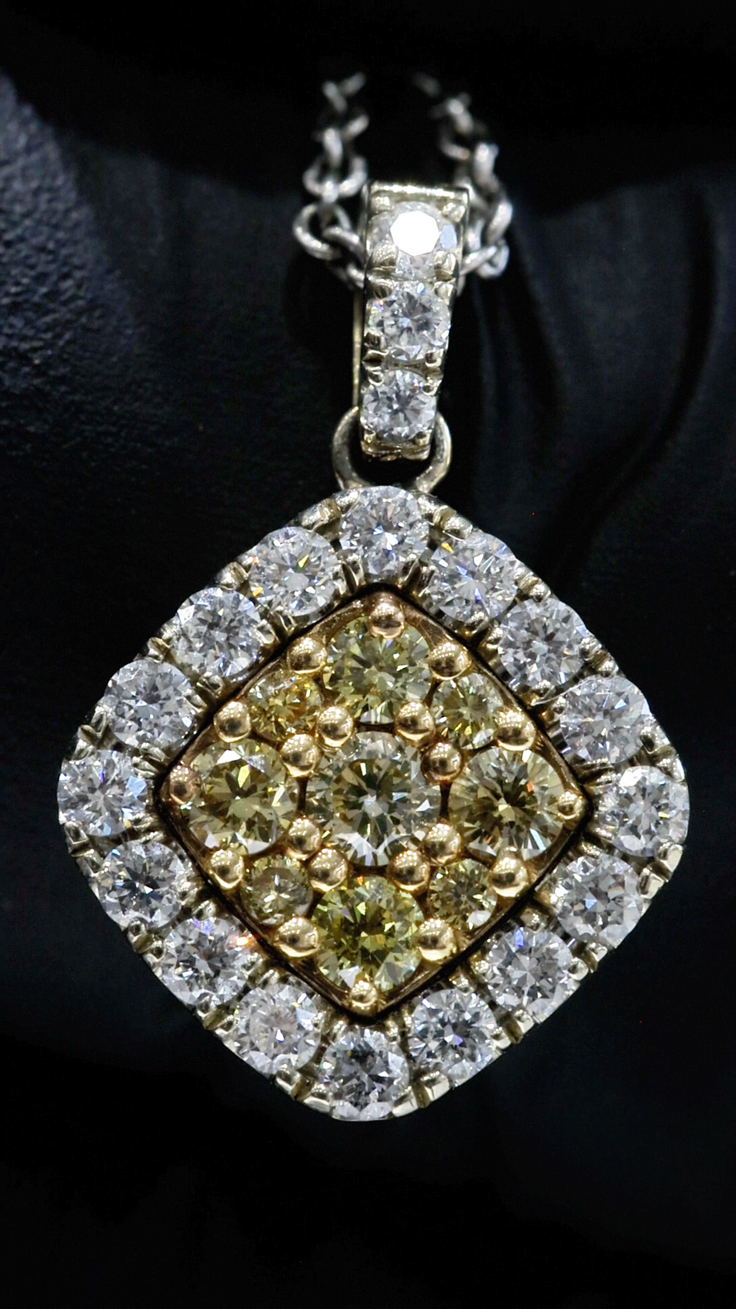 Natural Light Yellow Diamond Cushion Halo Necklace in White Gold | Vintage Floral Design