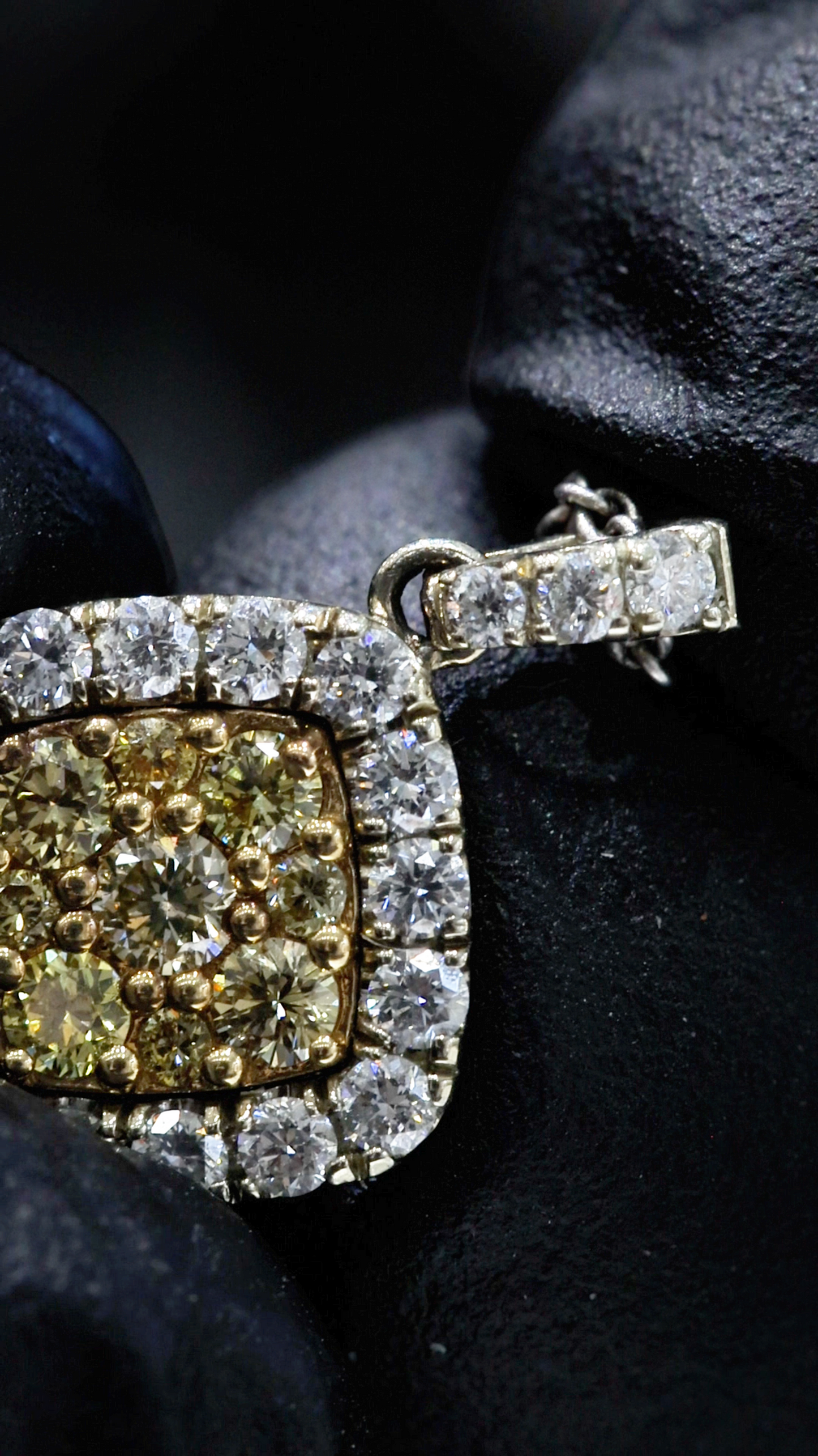 Natural Light Yellow Diamond Cushion Halo Necklace in White Gold | Vintage Floral Design