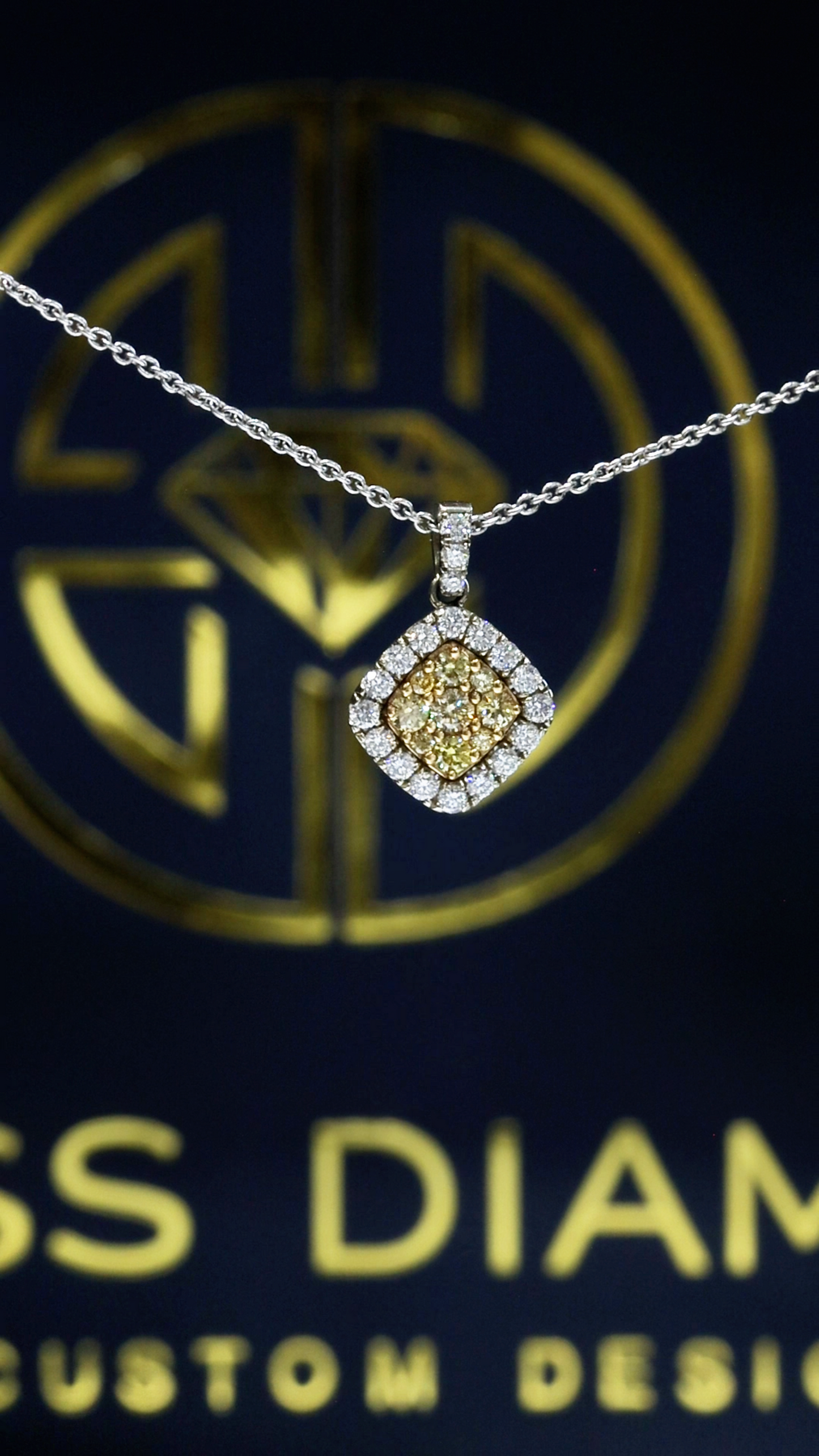 Natural Light Yellow Diamond Cushion Halo Necklace in White Gold | Vintage Floral Design