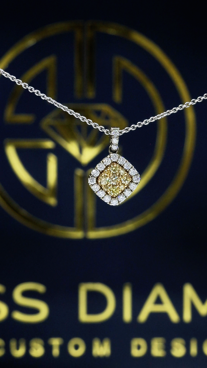 Natural Light Yellow Diamond Cushion Halo Necklace in White Gold | Vintage Floral Design