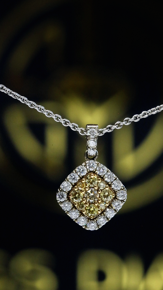 Natural Light Yellow Diamond Cushion Halo Necklace in White Gold | Vintage Floral Design