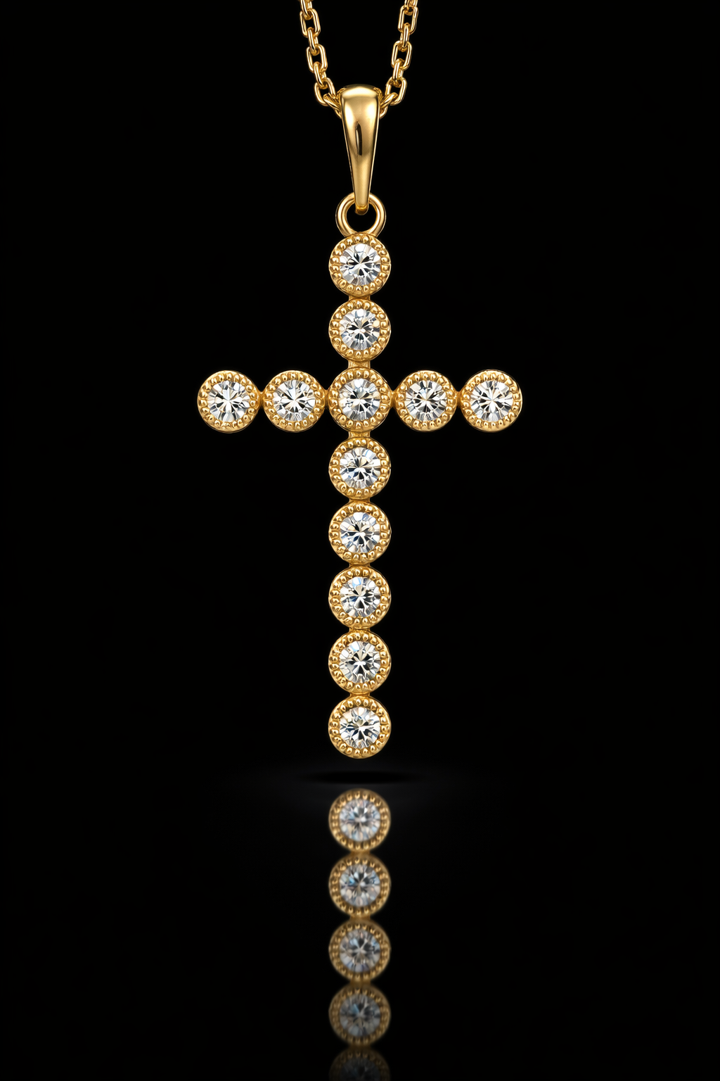 Natural Round Diamond Cross Pendant Necklace in 14K Yellow Gold | Bezel-Set Diamond Drop Cross