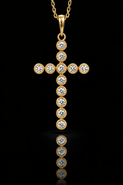 Natural Round Diamond Cross Pendant Necklace in 14K Yellow Gold | Bezel-Set Diamond Drop Cross