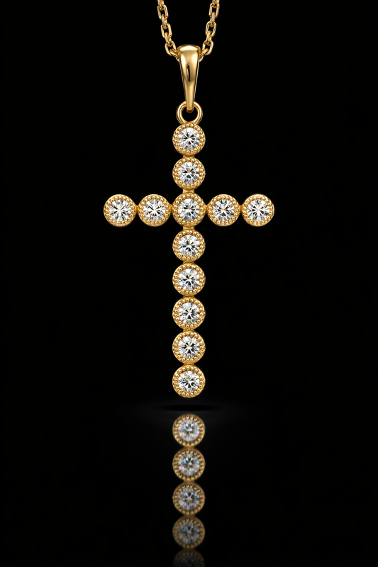 Natural Round Diamond Cross Pendant Necklace in 14K Yellow Gold | Bezel-Set Diamond Drop Cross